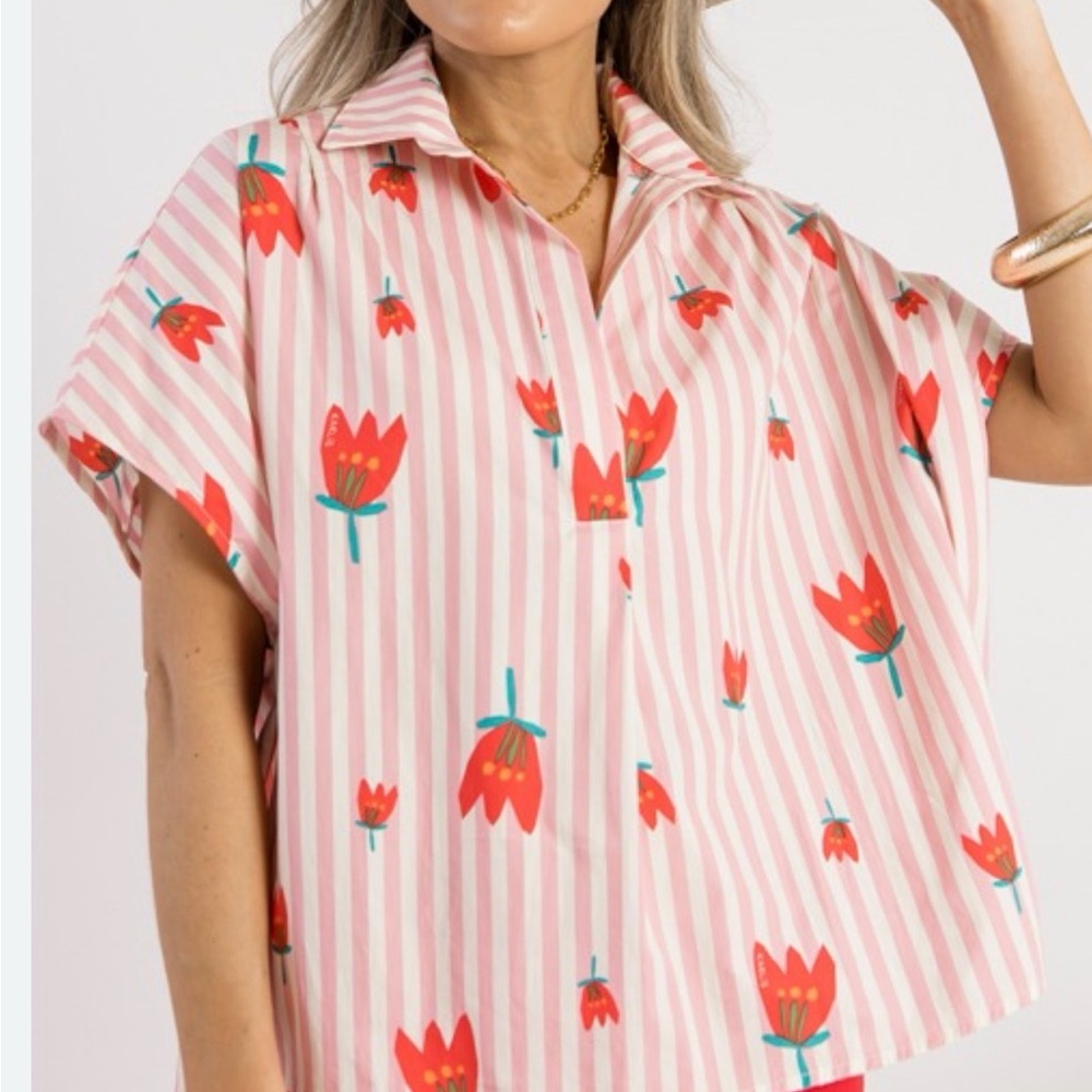 Karlie Pink and White Striped Floral Boxy Blouse
